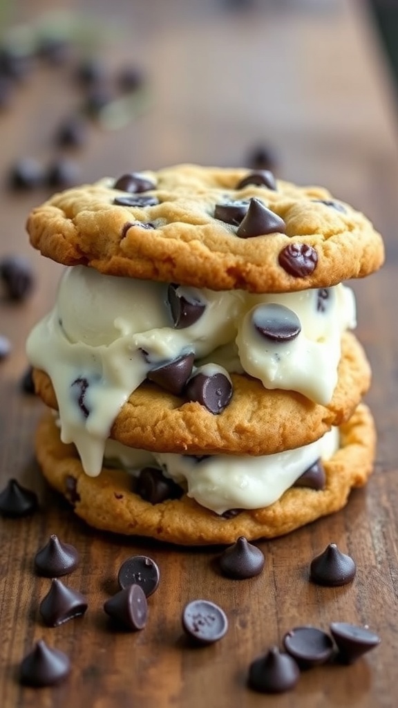 Chocolate chip cookie ice cream sandwich with melting ice cream on a wooden table.